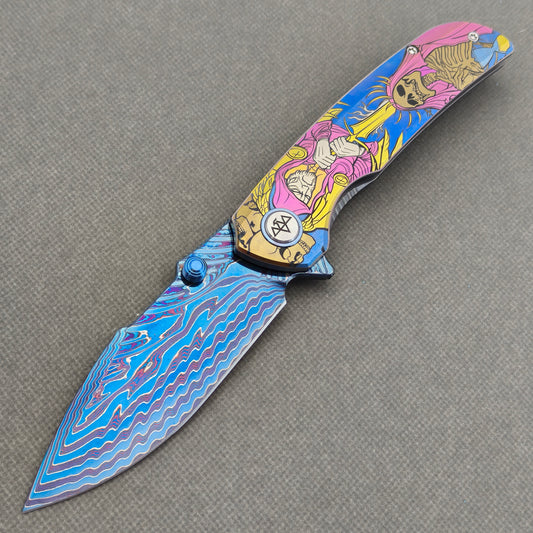 VORIXN "Echoshroud" (3.8" Damascus Blade)  Titanium Handle Flipper & Thumb Stud Folding Knife - KB156