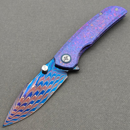 VORIXN "Rimeforge" (3.8" Damascus Blade)  Crystallized Titanium Handle Flipper & Thumb Stud Folding Knife - KB125