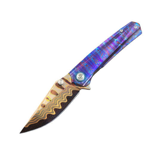 VORIXN "AURELION" Flipper & Thumb Stud Knife Flame-Timascus Handle (3.6" Damascus Blade) KB064