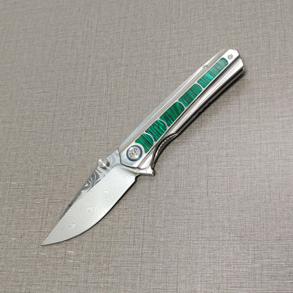 VORIXN "Forest Mirage" Flipper & Thumb Stud Knife Malachite Inlaid Titanium Handle (3.6" Damascus Blade) KB056