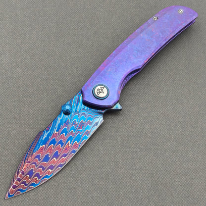 VORIXN "Rimewave" (3.8" Damascus Blade)  Crystallized Titanium Handle Flipper & Thumb Stud Folding Knife - KB141