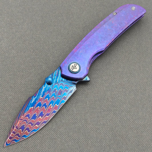 VORIXN "Rimewave" (3.8" Damascus Blade)  Crystallized Titanium Handle Flipper & Thumb Stud Folding Knife - KB141