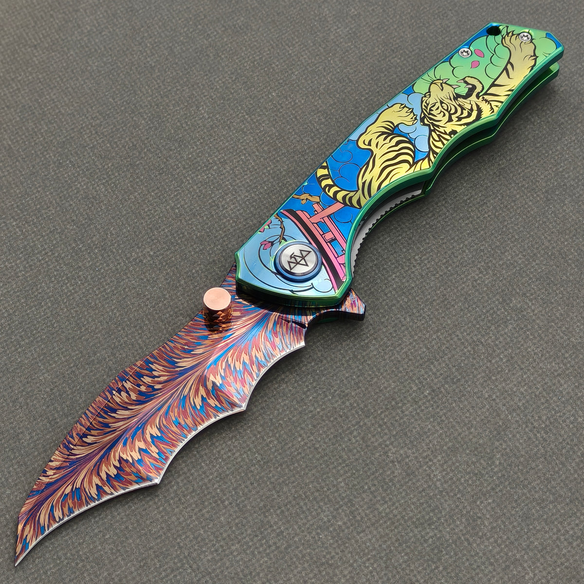 VORIXN "Wildcrest" (3.8" Damascus Blade)  Titanium Handle Flipper & Thumb Stud Folding Knife - KB146