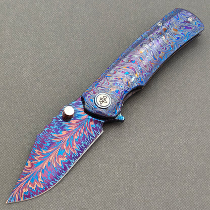 VORIXN "Riftflare" (3.7" Damascus Blade) ZircuTi Handle Flipper & Thumb Stud Folding Knife - KB142