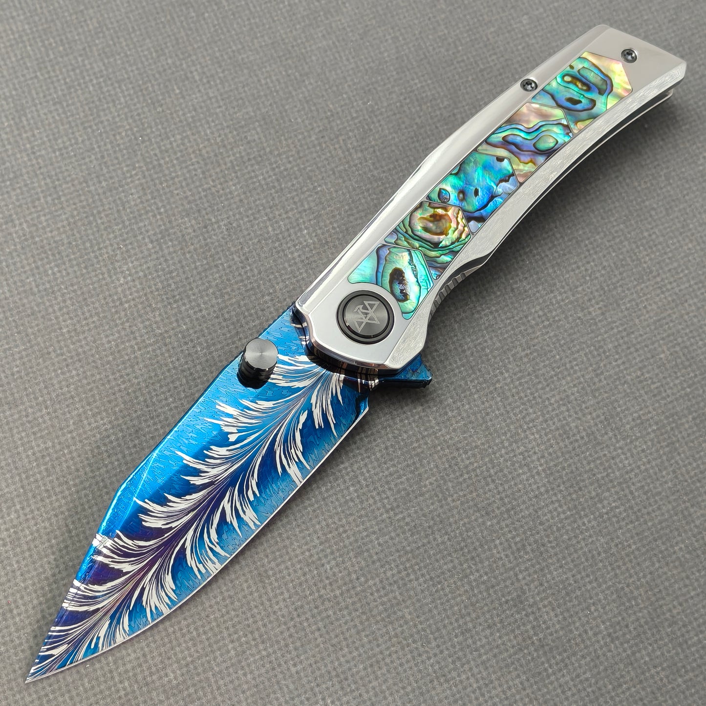 VORIXN "Ocean Aurora" Flipper & Thumb Stud Knife Deep-sea Abalone Shell Inlay Titanium Handle (3.8" Feather Damascus Blade) KB111