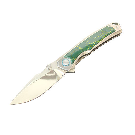 VORIXN Verdant titanium folding knife open front side, blade angled 45 degrees lower left, lab-created turquoise detail