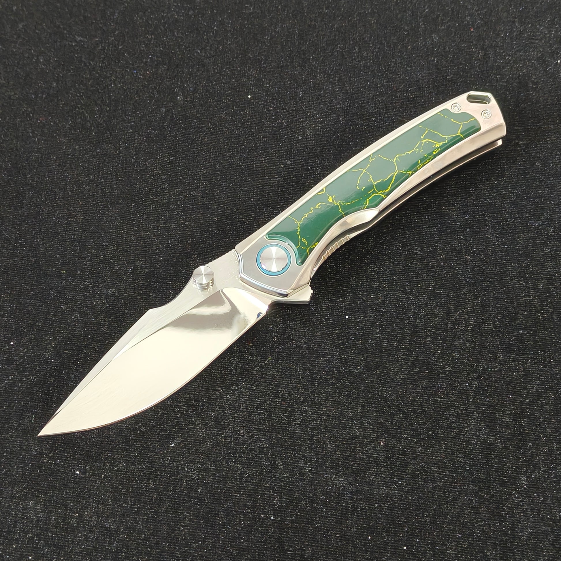 VORIXN Verdant folding knife open non-clip side with VG10 blade angled down