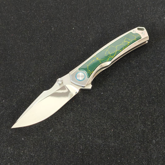 VORIXN Verdant folding knife open non-clip side with VG10 blade angled down