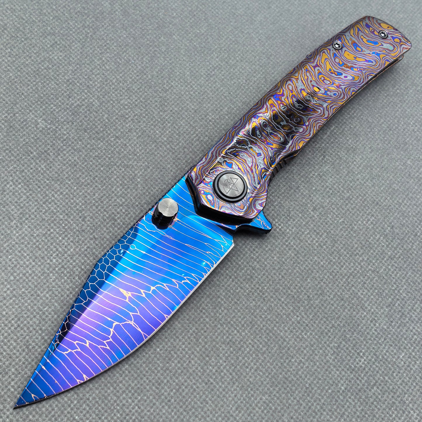 Vorixn "Celestial Vein" Flipper & Thumb Stud Knife Hand-Flamed Zirconium Handle (3.8" Damascus Blade) KB091