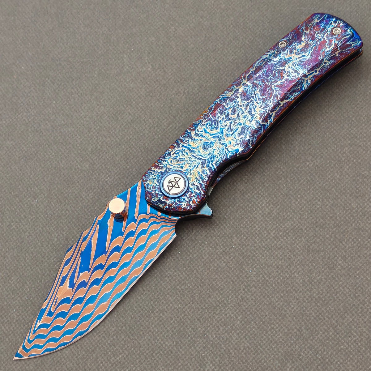 VORIXN "Stormweave" (3.7" Damascus Blade)  Titanium Handle Flipper & Thumb Stud Folding Knife - KB144