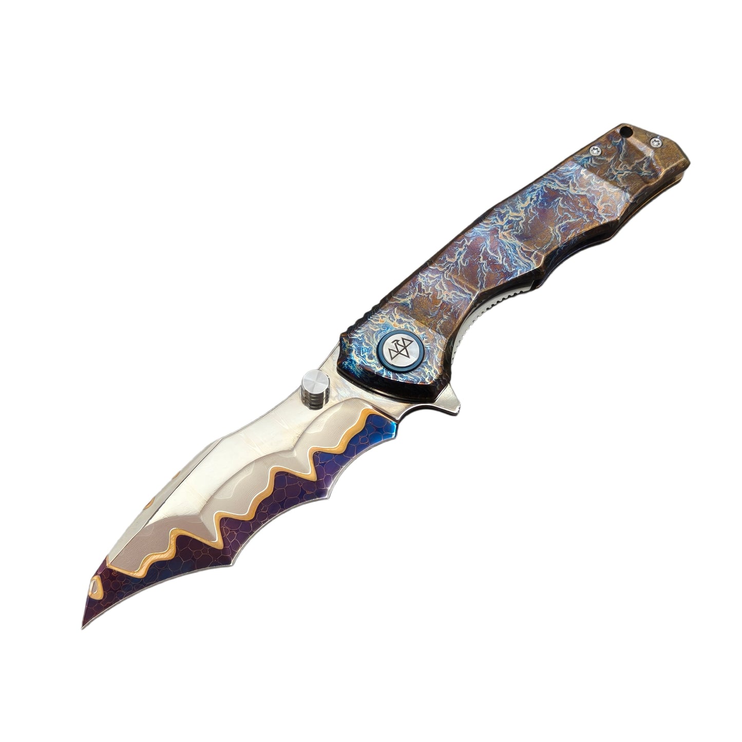 VORIXN "Drakescale" Flipper & Thumb Stud Knife Titanium Hand-Flamed Handle (3.6" Damascus Blade) KB058