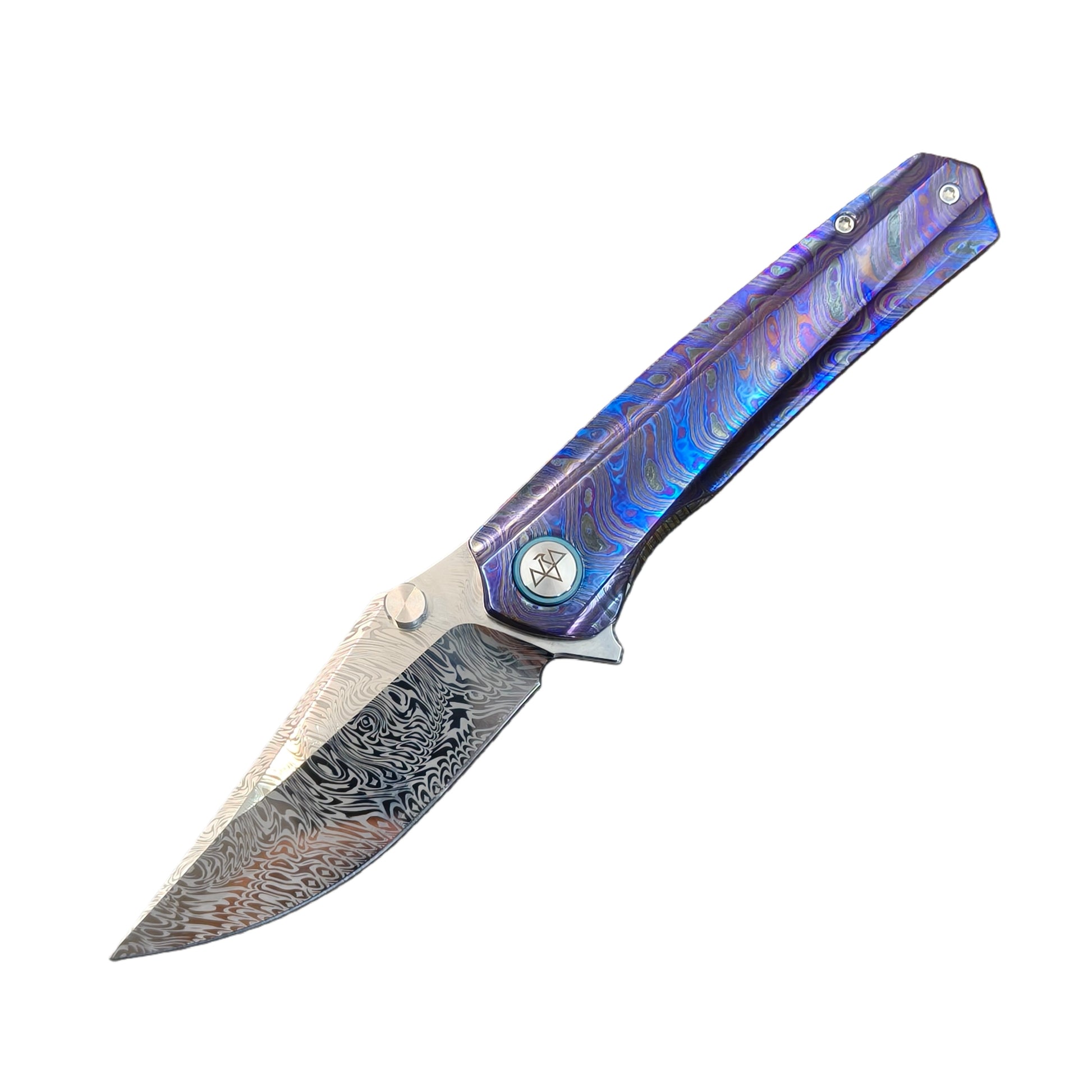Vorixn Lumin folding knife fully open showing non-clip side, blade angled 45 degrees downward left