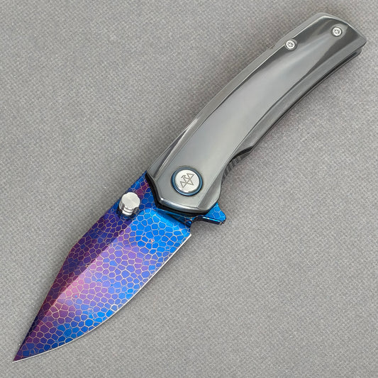 Vorixn "Dragonflare" Flipper & Thumb Stud Knife Hand-Flamed Zirconium Handle (3.8" Damascus Blade) KB083