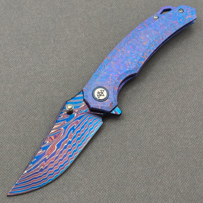 VORIXN "Rimeflare" (3.7" Damascus Blade) Crystallized Titanium Handle Flipper & Thumb Stud Folding Knife - KB132