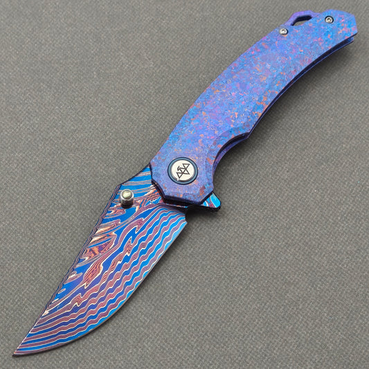 VORIXN "Rimeflare" (3.7" Damascus Blade) Crystallized Titanium Handle Flipper & Thumb Stud Folding Knife - KB132