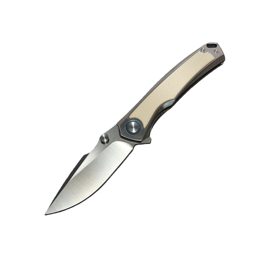VORIXN Lucent folding knife open non-clip side, VG10 blade angled 45 degrees downward, titanium resin handle