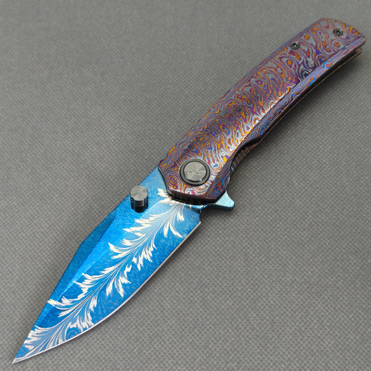 Vorixn "Aurora Black" Flipper & Thumb Stud Knife Hand-Flamed Zirconium Handle (3.8" Feather Damascus Blade) KB105