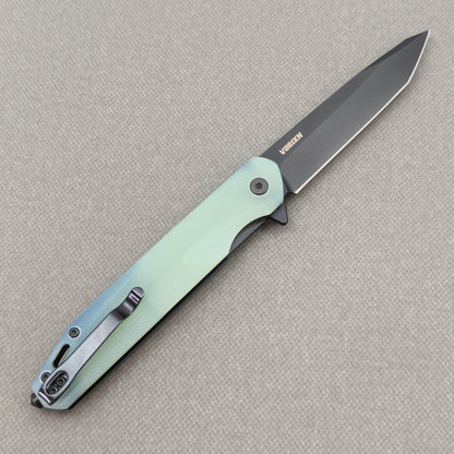 VORIXN KM005 blade detail showing D2 steel stonewashed finish and edge.
