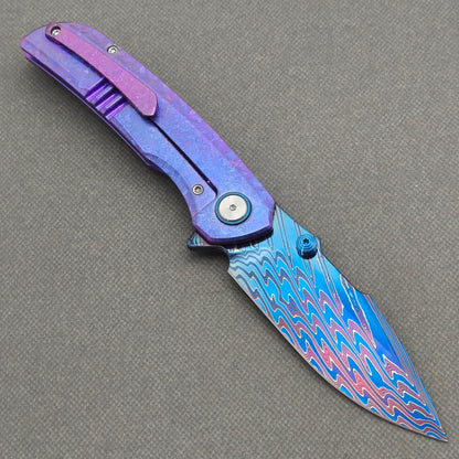 VORIXN "Rimewave" (3.8" Damascus Blade)  Crystallized Titanium Handle Flipper & Thumb Stud Folding Knife - KB141