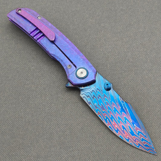 VORIXN "Rimewave" (3.8" Damascus Blade)  Crystallized Titanium Handle Flipper & Thumb Stud Folding Knife - KB141
