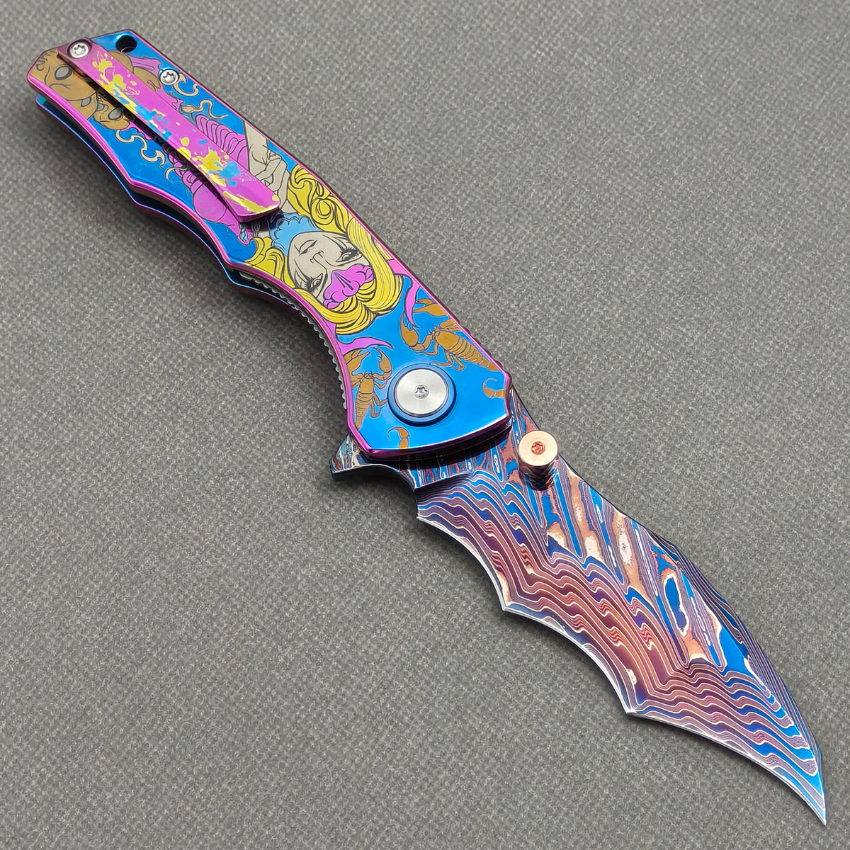 VORIXN "Fableweave" (3.8" Damascus Blade)  Titanium Handle Flipper & Thumb Stud Folding Knife - KB150