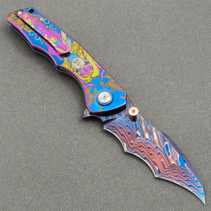 VORIXN "Fableweave" (3.8" Damascus Blade)  Titanium Handle Flipper & Thumb Stud Folding Knife - KB150