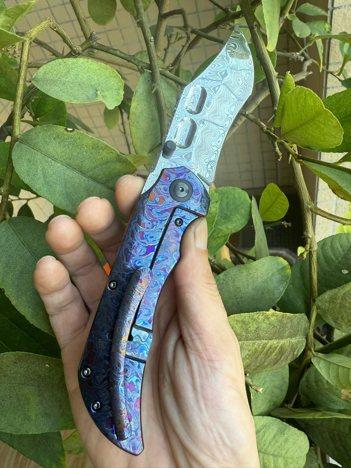 Flipper & Thumb Stud Knife Flamed-Zirconium Handle (  RWL34 &amp; PMC27 PM Stainless Damascus  Blade) CS010