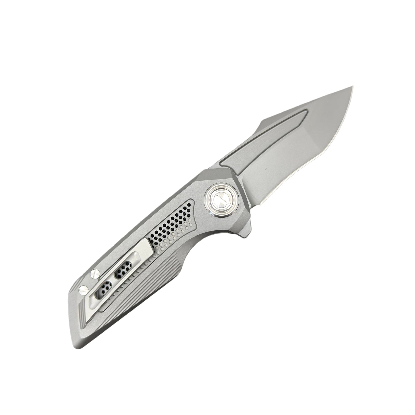 VORIXN Aerial KB072 titanium PVD flipper knife open, clip side, blade angled 45 degrees up right