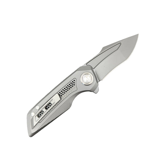VORIXN Aerial KB072 titanium PVD flipper knife open, clip side, blade angled 45 degrees up right