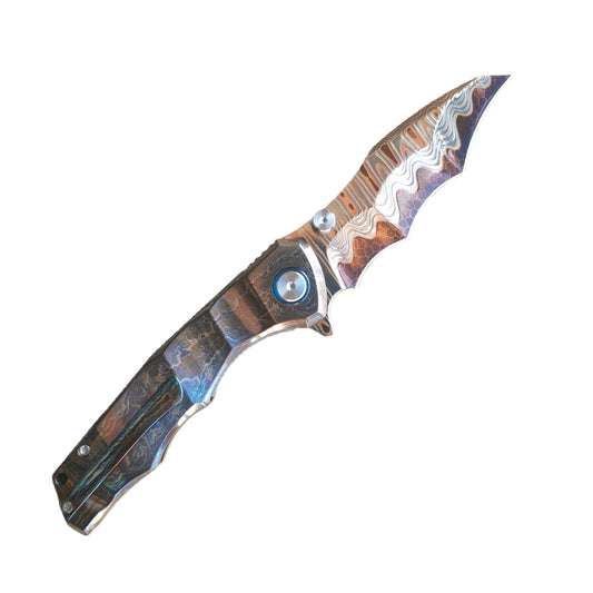 VORIXN "Drakescale" Flipper & Thumb Stud Knife Titanium Hand-Flamed Handle (3.6" Damascus Blade) KB057 / KB058