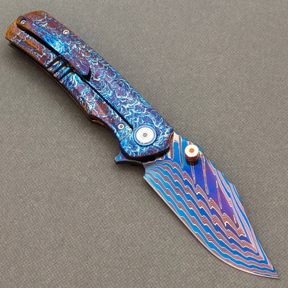 VORIXN "Stormweave" (3.7" Damascus Blade)  Titanium Handle Flipper & Thumb Stud Folding Knife - KB144