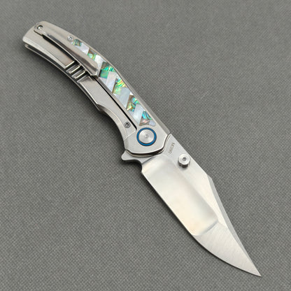 VORIXN "Ocean Mirage" Flipper & Thumb Stud Knife Mother-of-pearl Inlaid Titanium Handle (3.9" M390 Blade) KB066