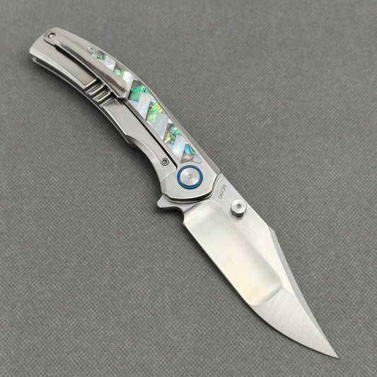 VORIXN "Ocean Mirage" Flipper & Thumb Stud Knife Mother-of-pearl Inlaid Titanium Handle (3.9" M390 Blade) KB066