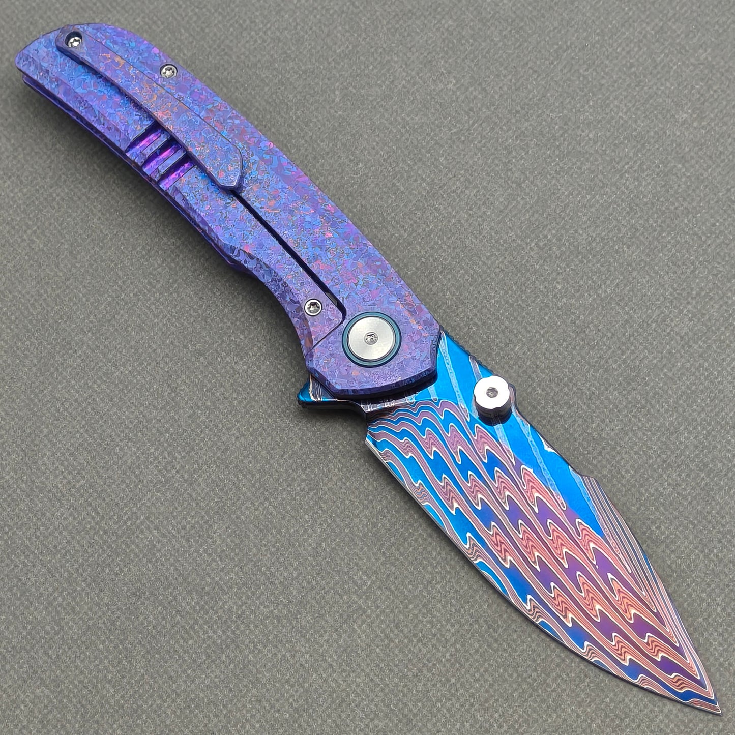 VORIXN "Rimeforge" (3.8" Damascus Blade)  Crystallized Titanium Handle Flipper & Thumb Stud Folding Knife - KB125