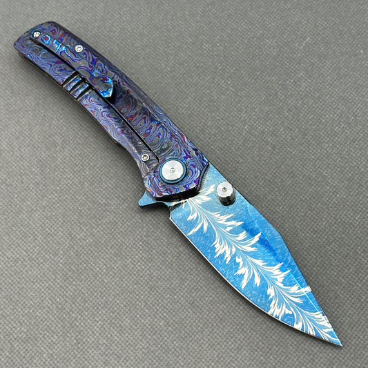 Vorixn "Aurora Plume" Flipper & Thumb Stud Knife Hand-Flamed Zirconium Handle (3.8" Damascus Blade) KB081