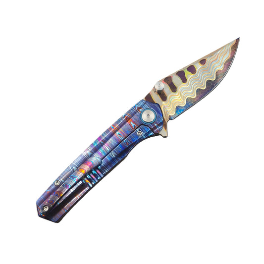 VORIXN "AURELION" Flipper & Thumb Stud Knife Flame-Timascus Handle (3.6" Damascus Blade) KB064