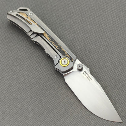 RIHE Design Folding Knife Titanium+Gold Flake Carbon Fiber Inlay Handle (3.6" M390 Blade) KB107