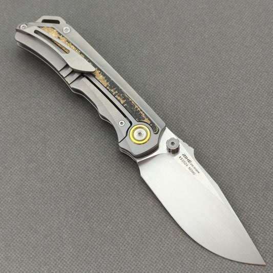 RIHE Design Folding Knife Titanium+Gold Flake Carbon Fiber Inlay Handle (3.6" M390 Blade) KB107