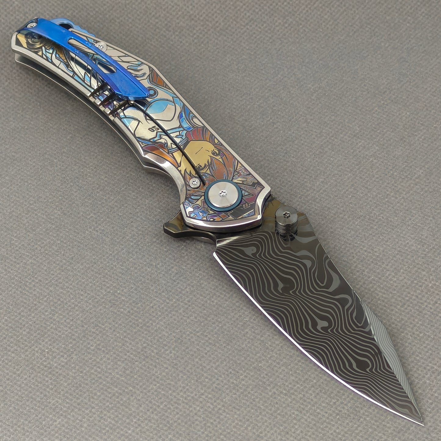 VORIXN "Reverie" (3.5" Damascus DLC-Coated Blade) Engraved Titanium Handle Flipper & Thumb Stud Folding Knife - KB116