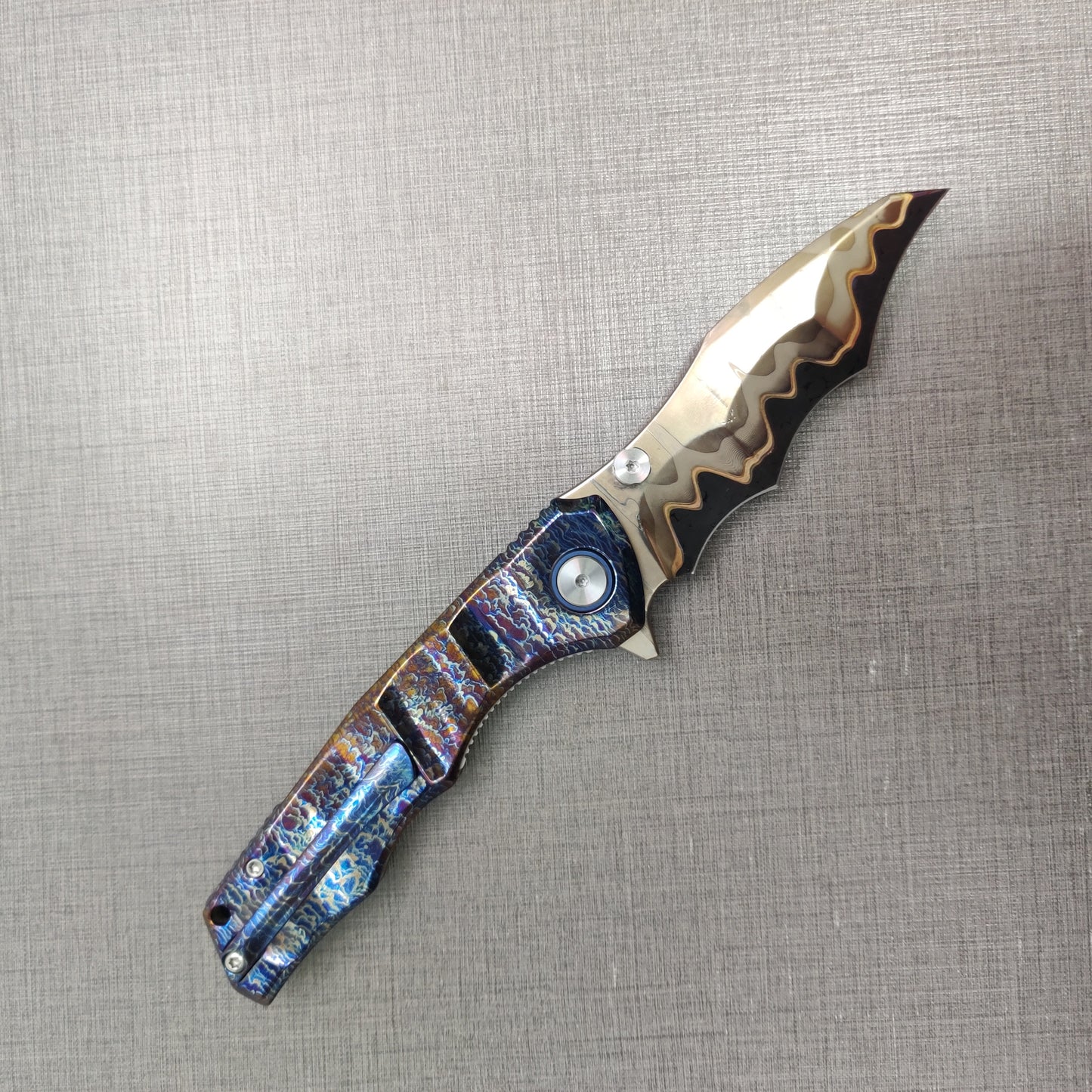 VORIXN "Drakescale" Flipper & Thumb Stud Knife Titanium Hand-Flamed Handle (3.6" Damascus Blade) KB057 / KB058