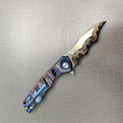 VORIXN "Drakescale" Flipper & Thumb Stud Knife Titanium Hand-Flamed Handle (3.6" Damascus Blade) KB057 / KB058