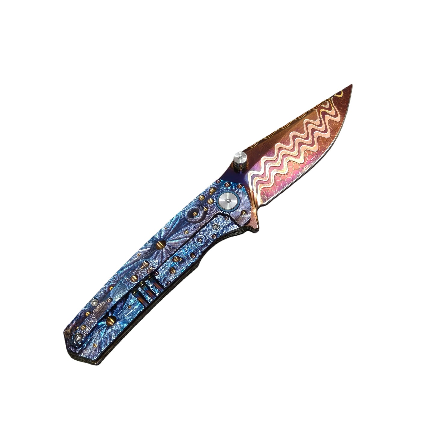 VORIXN Impact Origin titanium Damascus folding knife open, pocket clip side, blade angled 45 degrees upward
