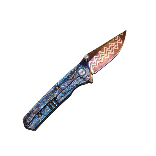 Vorixn “Impact Origin” Flipper & Thumb Stud Knife Titanium-Engraved Anodized Handle (3.6" Damascus steel Blade) KB048, KB049, KB053, KB054