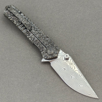 VORIXN "Blackscale" Flipper & Daumenpin-Messer, handgeschnitzter & DLC-beschichteter Titan-Griff (9,1 cm Damastklinge) KB088