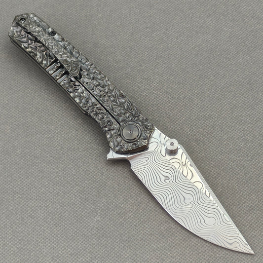 VORIXN "Blackscale" Flipper & Thumb Stud Knife Hand-Carved & DLC-Coated Titanium Handle (3.6" Damascus Blade) KB088