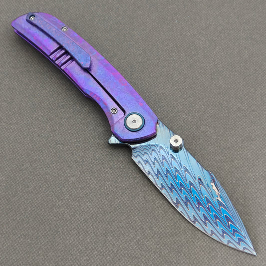 VORIXN "Rimeforge" (3.8" Damascus Blade)  Crystallized Titanium Handle Flipper & Thumb Stud Folding Knife - KB125