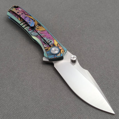 Vorixn "Halo" Flipper & Thumb Stud Knife Titanium-Engraved Anodized Coloring Handle (3.7"10Cr15CoMo Blade) KB078