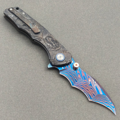 VORIXN "Fossilshade" (3.8" Damascus Blade)  Titanium Handle Flipper & Thumb Stud Folding Knife - KB153