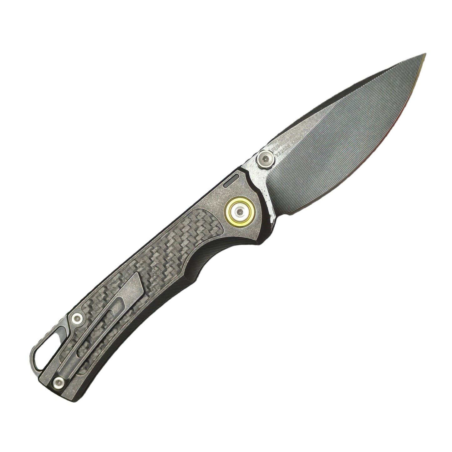 2. VORIXN KB077 folding knife open clip side with blade angled 45 degrees upward titanium carbon fiber handle detail
