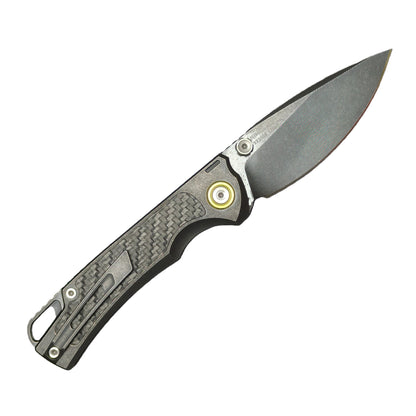 2. VORIXN KB077 folding knife open clip side with blade angled 45 degrees upward titanium carbon fiber handle detail